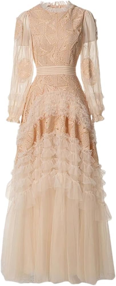 Women's Vintage Sequins Mesh Maxi Dress Beading Embroidery Lantern Sleeve Evening Party Formal Dresses - Image 6