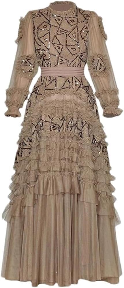 Women's Vintage Sequins Mesh Maxi Dress Beading Embroidery Lantern Sleeve Evening Party Formal Dresses - Image 5