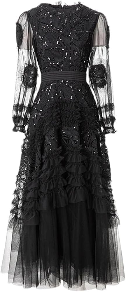 Women's Vintage Sequins Mesh Maxi Dress Beading Embroidery Lantern Sleeve Evening Party Formal Dresses