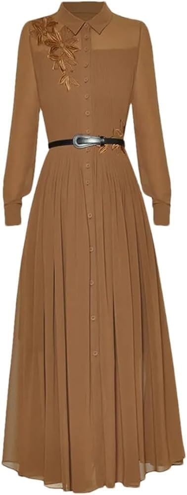 Women\u2019s Autumn Single Breasted Waisted Lightweight Formal Maxi Dress Lapel Pleated Cocktail Evening Dresses