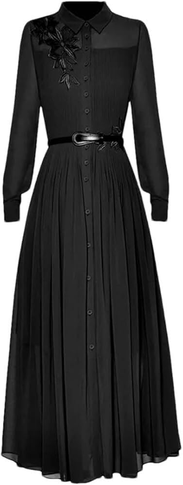 Women\u2019s Autumn Single Breasted Waisted Lightweight Formal Maxi Dress Lapel Pleated Cocktail Evening Dresses - Image 3