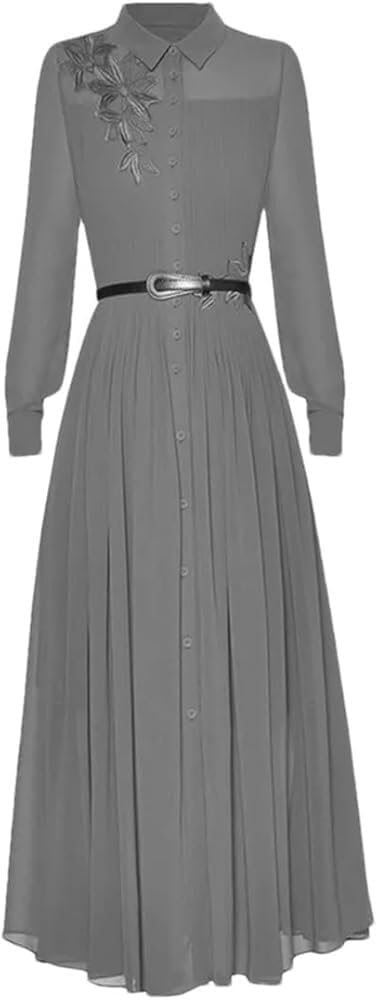 Women\u2019s Autumn Single Breasted Waisted Lightweight Formal Maxi Dress Lapel Pleated Cocktail Evening Dresses - Image 2