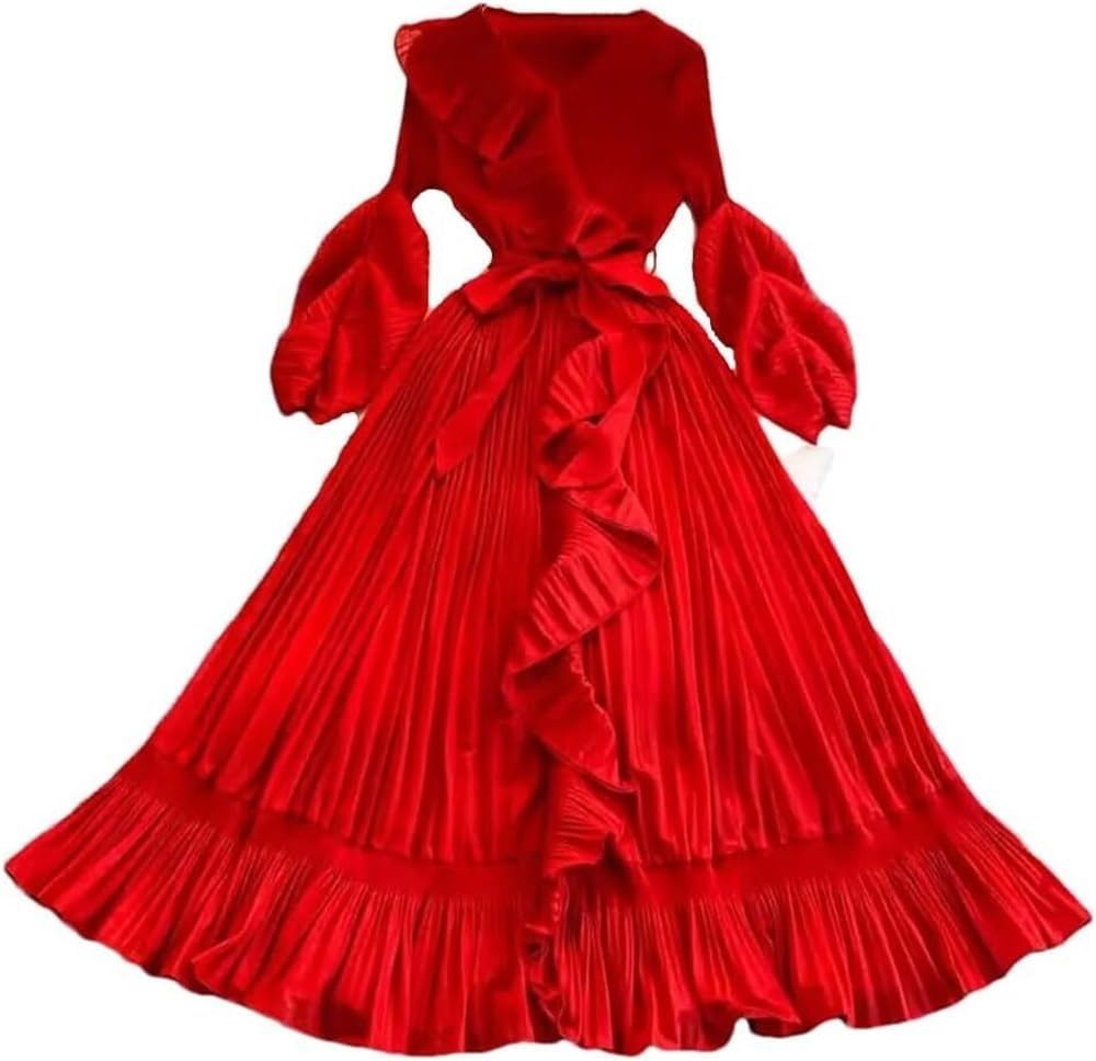Women\u2019s Dresses Pleated Ruffles Lace Up V Neck Casual Full Sleeve A Line Evening Evening Dress for Party - Image 3