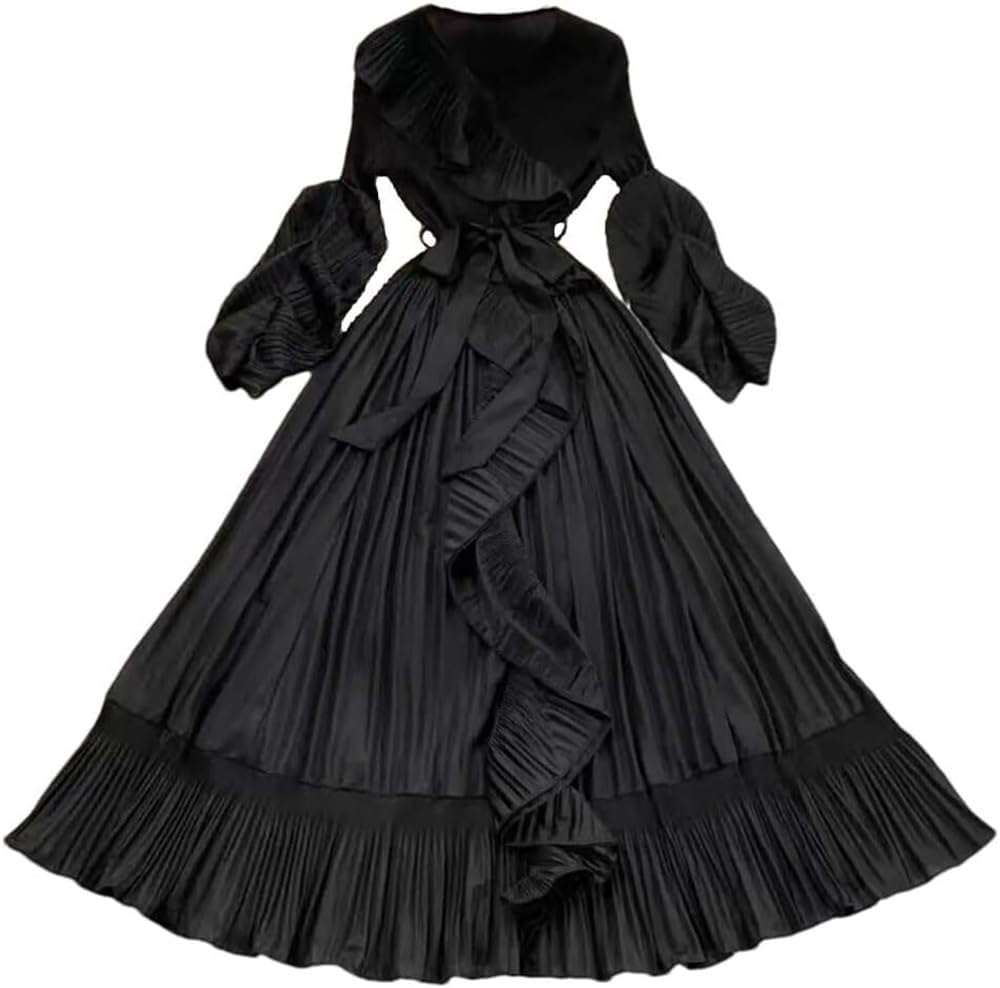 Women\u2019s Dresses Pleated Ruffles Lace Up V Neck Casual Full Sleeve A Line Evening Evening Dress for Party - Image 4