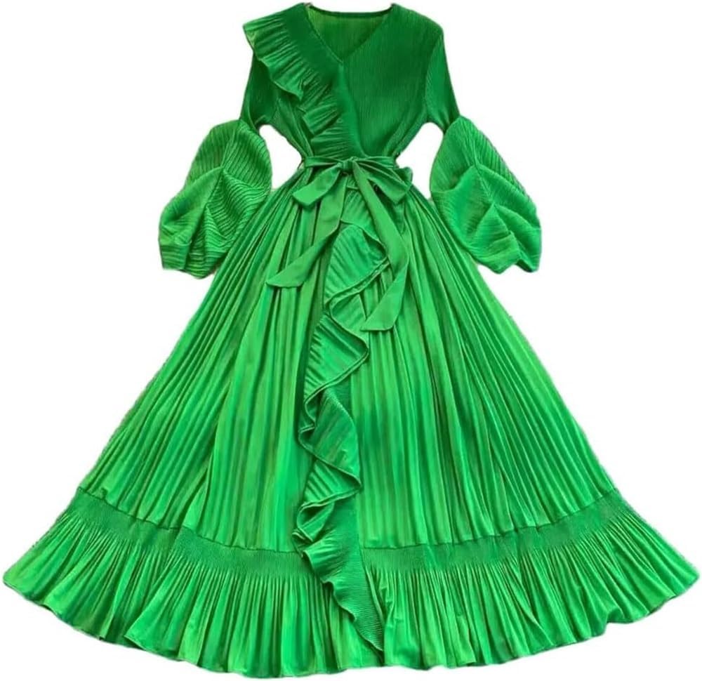 Women\u2019s Dresses Pleated Ruffles Lace Up V Neck Casual Full Sleeve A Line Evening Evening Dress for Party