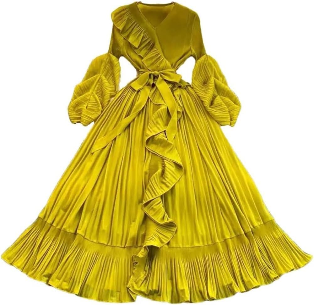 Women\u2019s Dresses Pleated Ruffles Lace Up V Neck Casual Full Sleeve A Line Evening Evening Dress for Party - Image 5