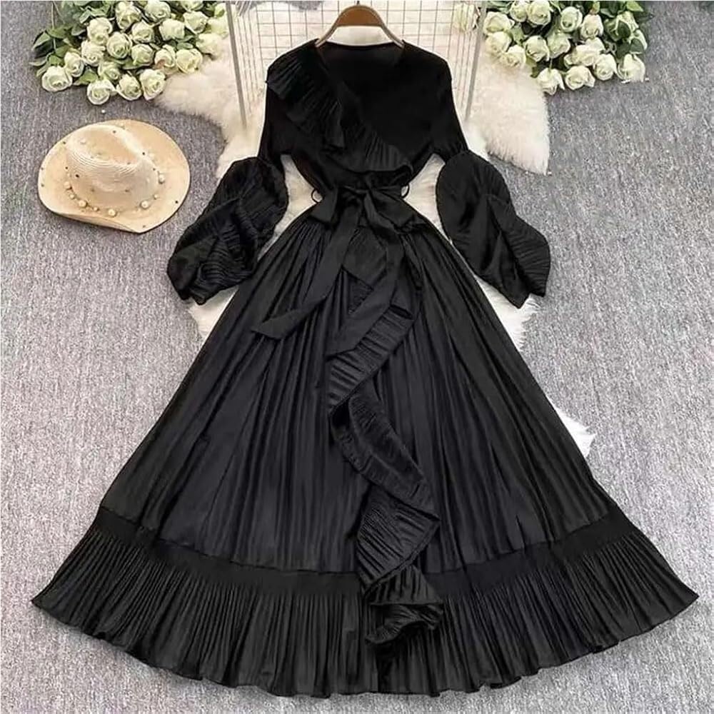 Women\u2019s Dresses Pleated Ruffles Lace Up V Neck Casual Full Sleeve A Line Evening Evening Dress for Party - Image 2