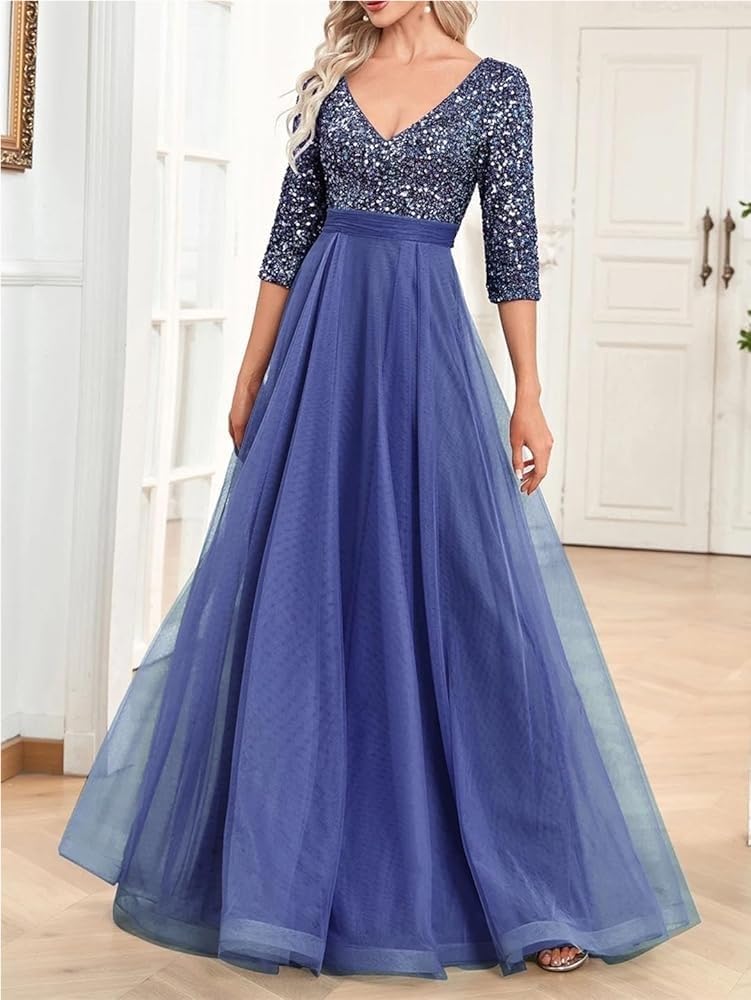 Women\u2019s Dresses Sequin Mermaid Formal Evening Summer V Neck Three Quarter Sleeve Wedding Party Prom Dress - Image 2
