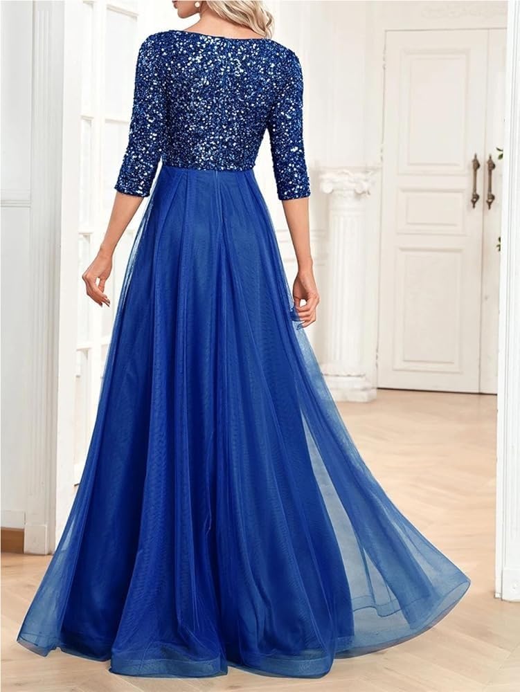 Women\u2019s Dresses Sequin Mermaid Formal Evening Summer V Neck Three Quarter Sleeve Wedding Party Prom Dress - Image 3