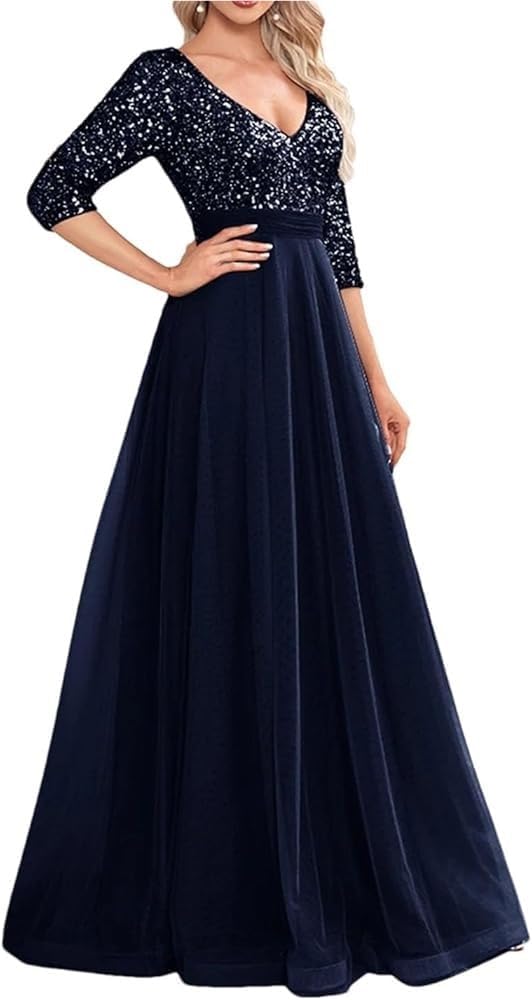 Women\u2019s Dresses Sequin Mermaid Formal Evening Summer V Neck Three Quarter Sleeve Wedding Party Prom Dress - Image 5