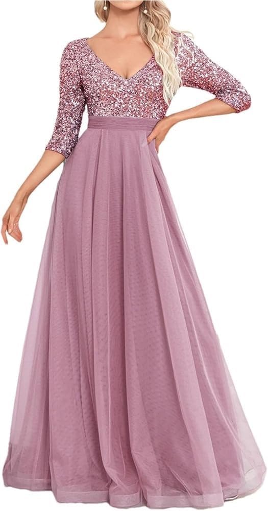 Women\u2019s Dresses Sequin Mermaid Formal Evening Summer V Neck Three Quarter Sleeve Wedding Party Prom Dress - Image 6