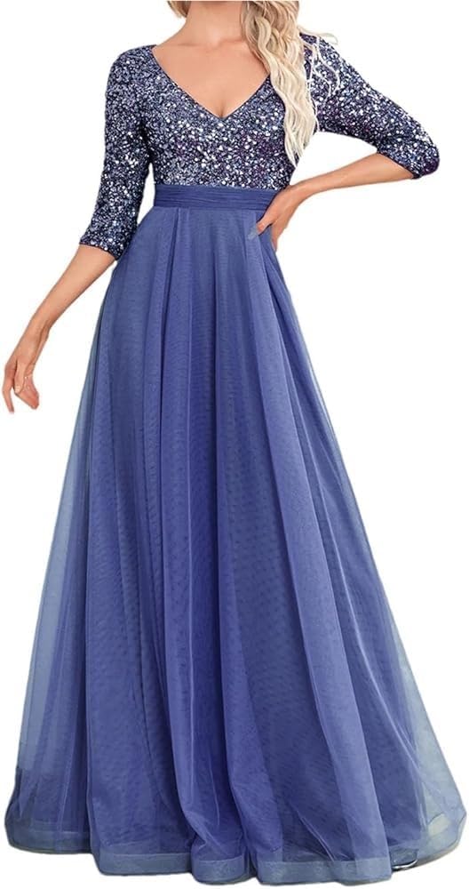 Women\u2019s Dresses Sequin Mermaid Formal Evening Summer V Neck Three Quarter Sleeve Wedding Party Prom Dress