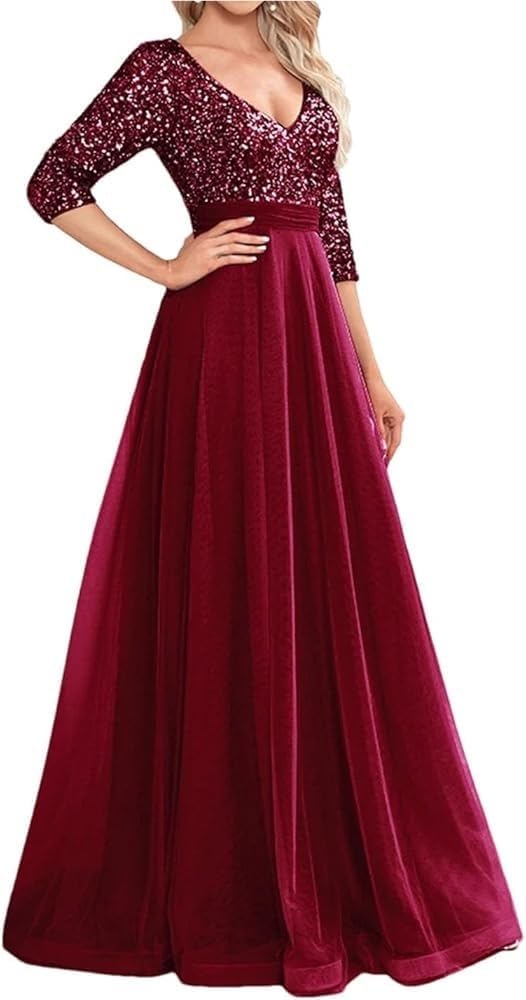 Women\u2019s Dresses Sequin Mermaid Formal Evening Summer V Neck Three Quarter Sleeve Wedding Party Prom Dress - Image 4