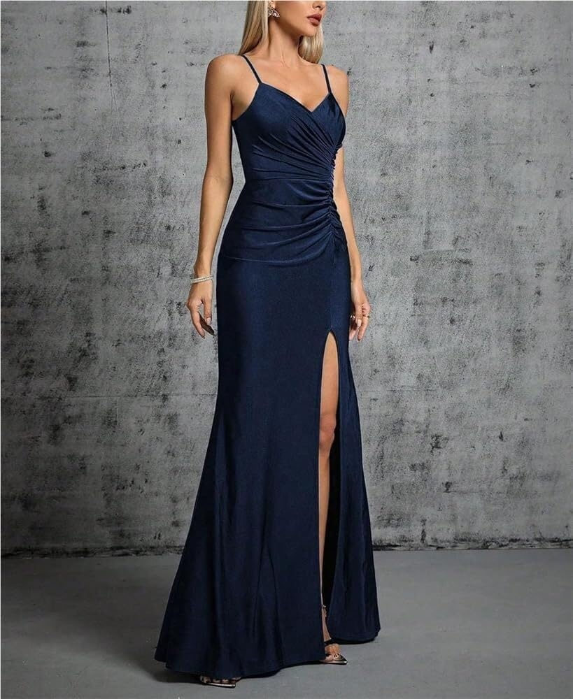 Women\u2019s Halter Pleated Evening Gown with Irregular Slit Fishtail Skirt Ball Formal Wear Dress - Image 4