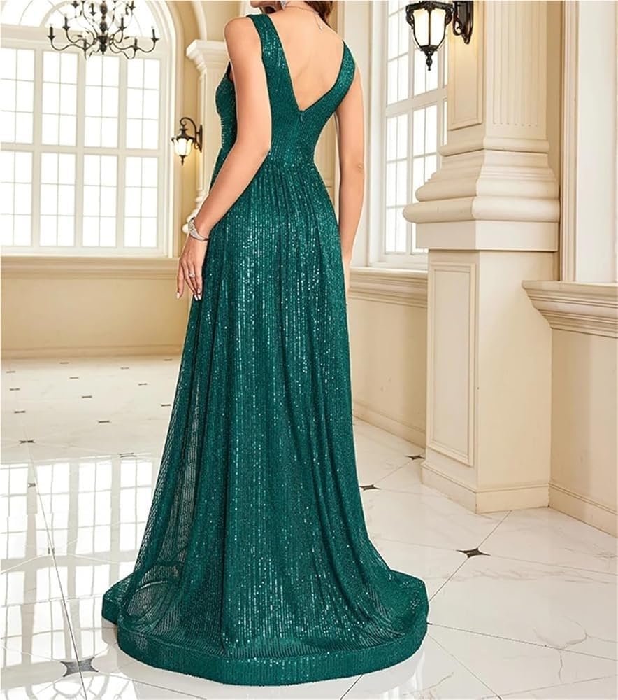 Women\u2019S Sequin Evening Gown V Neck Dresses Sleeveless Formal Wedding Party Prom Maxi Cocktail Dress for Evening Party - Image 2