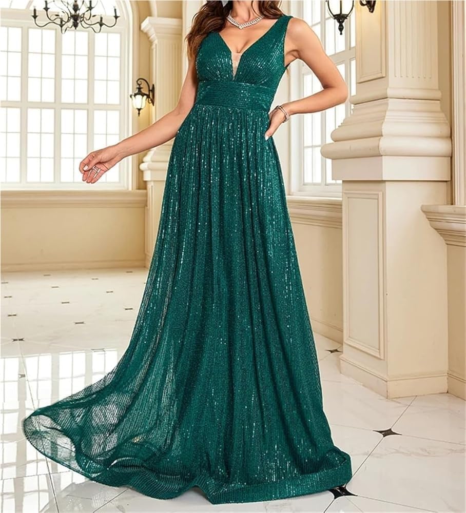 Women\u2019S Sequin Evening Gown V Neck Dresses Sleeveless Formal Wedding Party Prom Maxi Cocktail Dress for Evening Party - Image 4