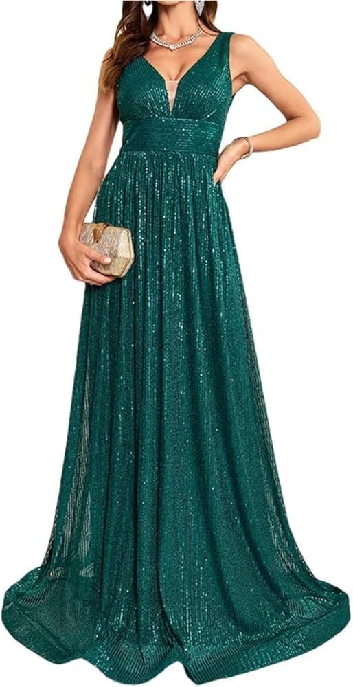 Women\u2019S Sequin Evening Gown V Neck Dresses Sleeveless Formal Wedding Party Prom Maxi Cocktail Dress for Evening Party