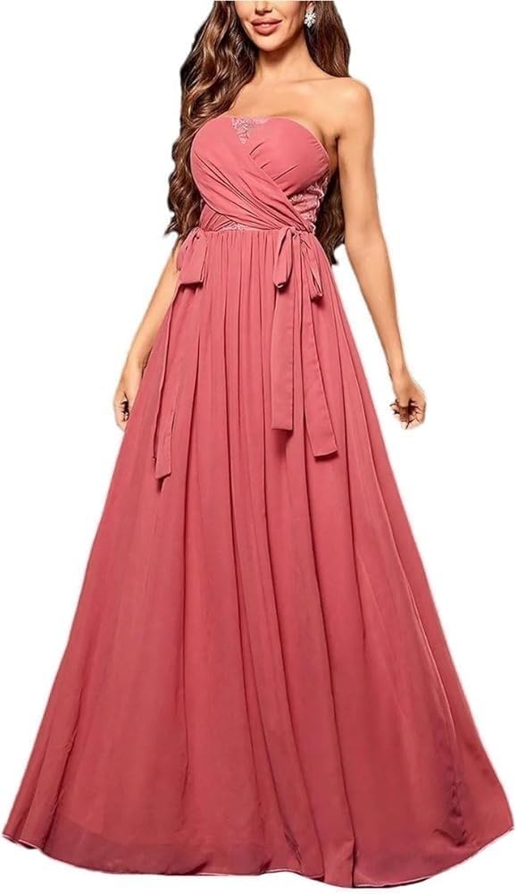 Women\u2019s Strapless Embroidery Evening Dresses Chiffon Cut-Out Ball Full-Length Formal Party Dress