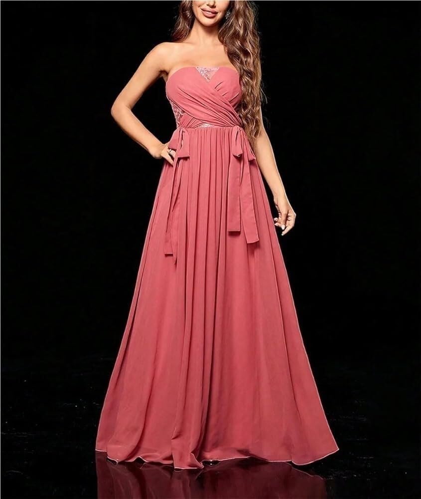 Women\u2019s Strapless Embroidery Evening Dresses Chiffon Cut-Out Ball Full-Length Formal Party Dress - Image 4
