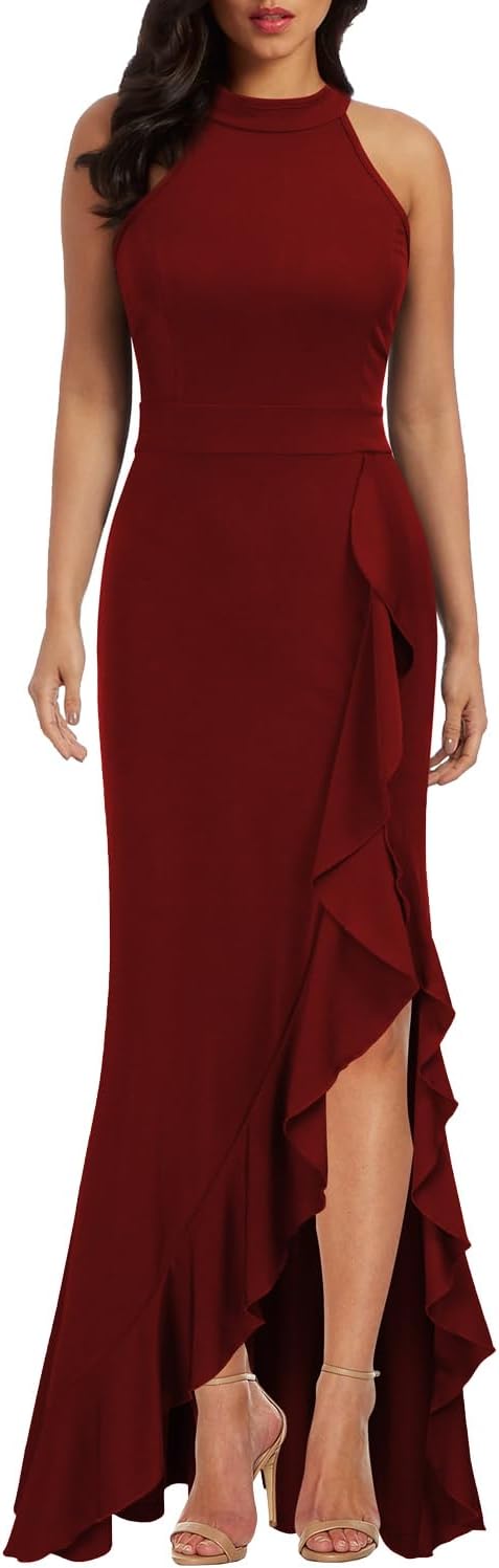 WOOSEA Women's High Neck Split Bodycon Mermaid Evening Cocktail Long Dress - Image 5