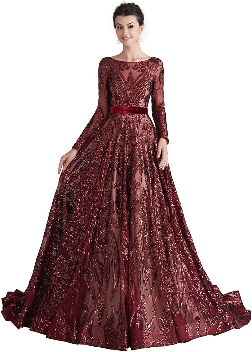 WOWBRIDAL Women's Sequin Evening Dress Luxurious Chapel Train Prom Dress Gowns - Image 10