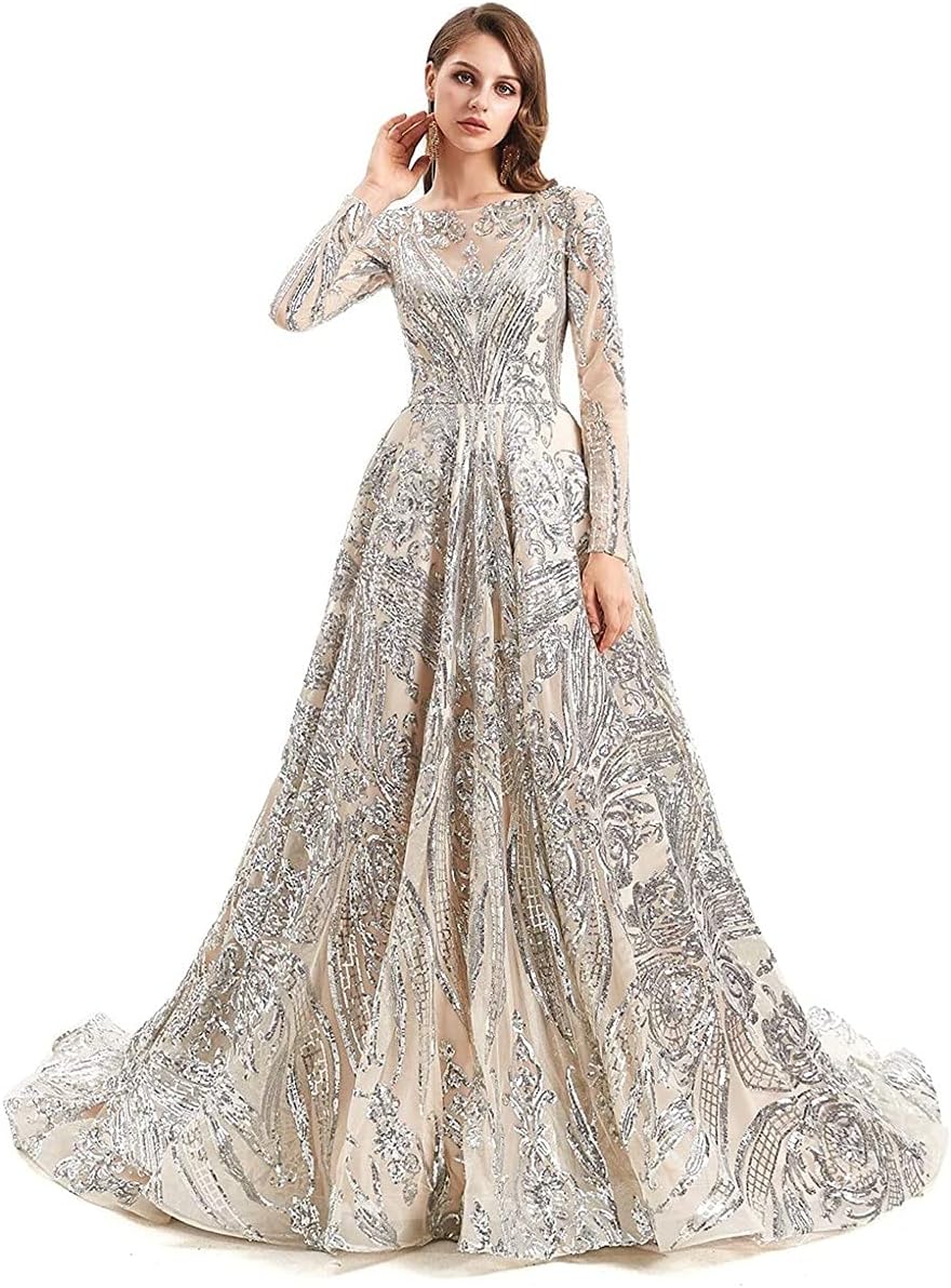WOWBRIDAL Women's Sequin Evening Dress Luxurious Chapel Train Prom Dress Gowns - Image 12