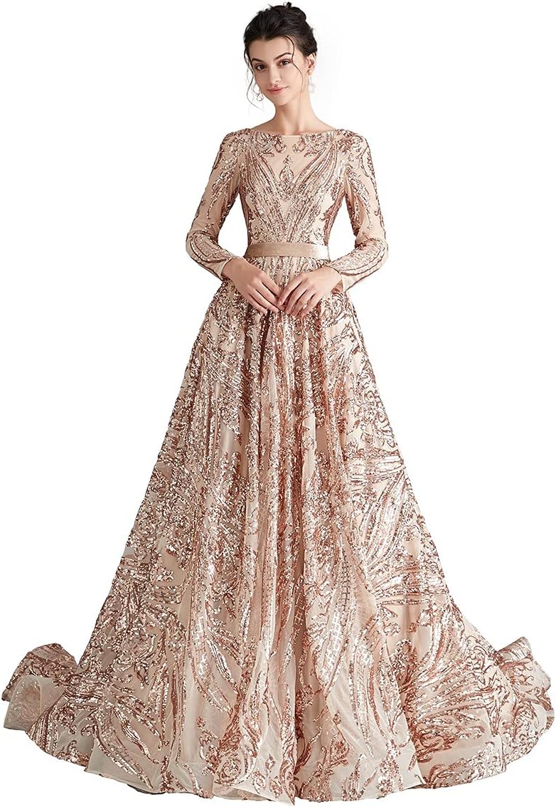 WOWBRIDAL Women's Sequin Evening Dress Luxurious Chapel Train Prom Dress Gowns - Image 11