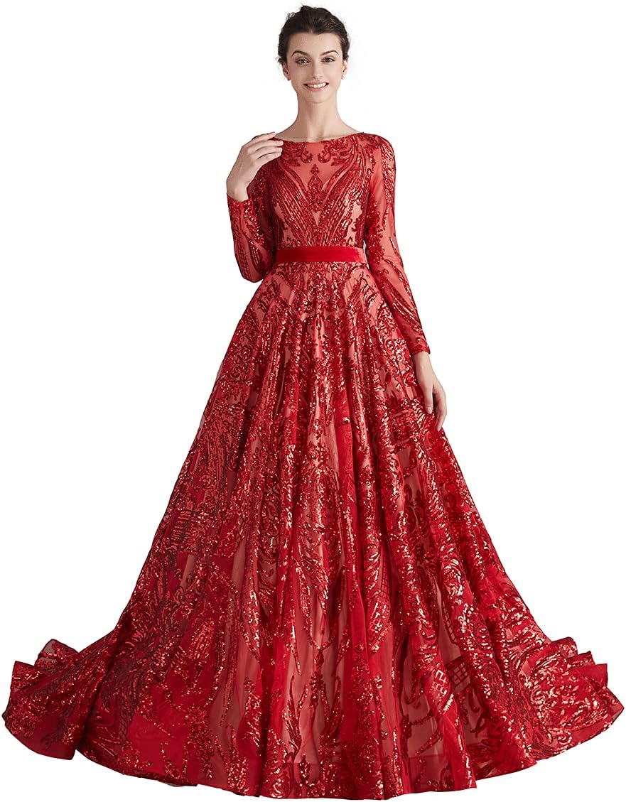 WOWBRIDAL Women's Sequin Evening Dress Luxurious Chapel Train Prom Dress Gowns - Image 15