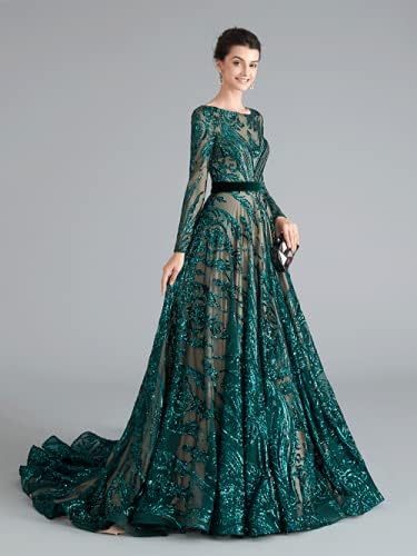 WOWBRIDAL Women's Sequin Evening Dress Luxurious Chapel Train Prom Dress Gowns - Image 3