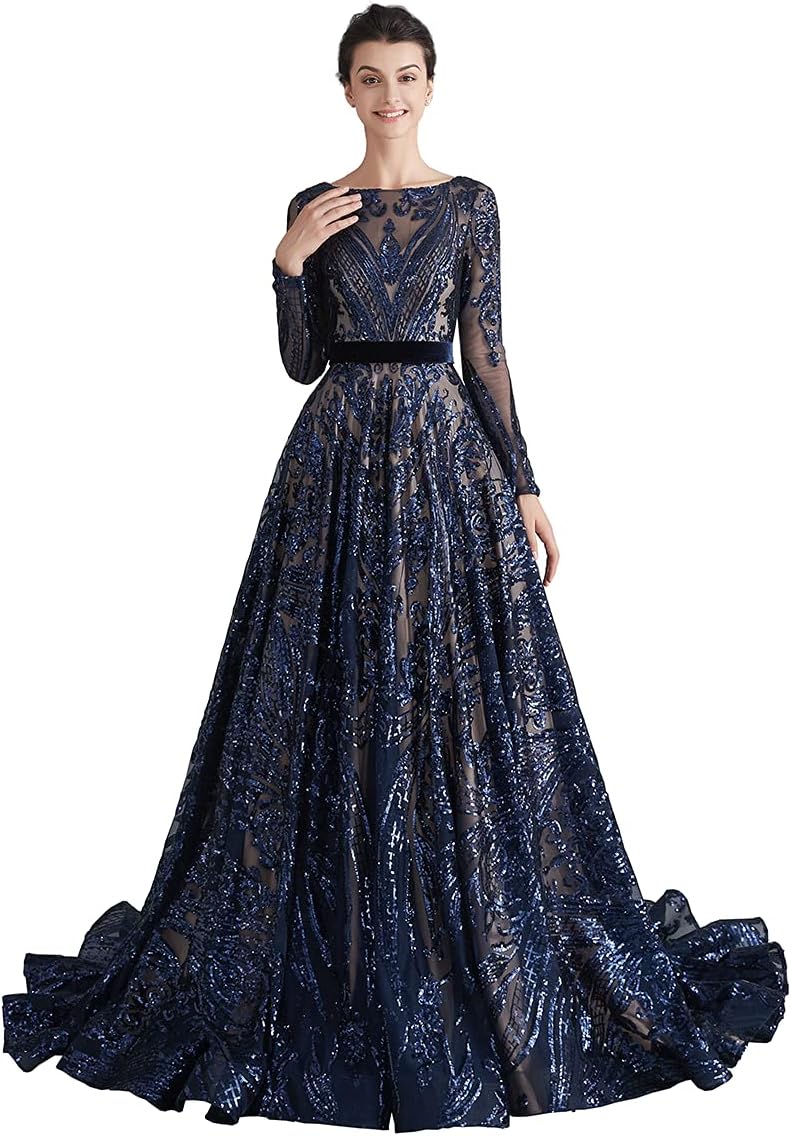 WOWBRIDAL Women's Sequin Evening Dress Luxurious Chapel Train Prom Dress Gowns - Image 9