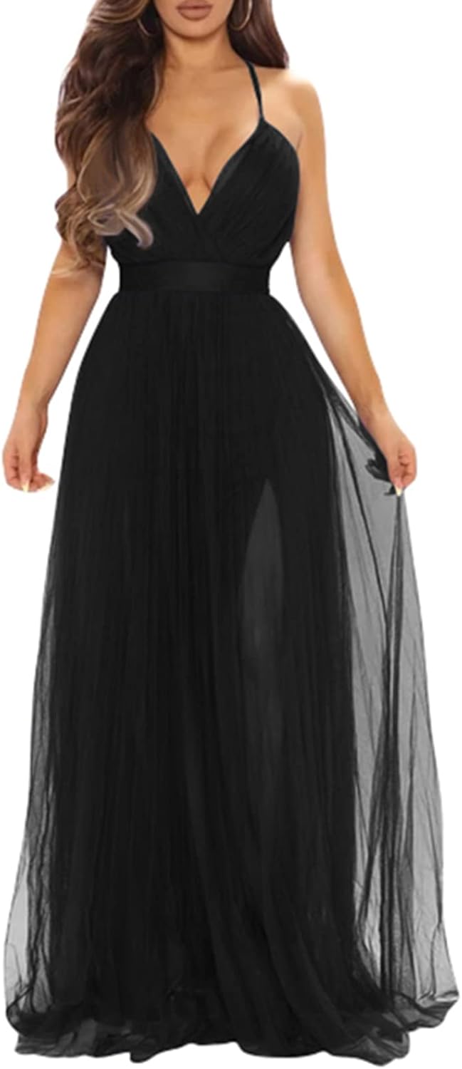 XXTAXN Women's Sexy Deep V Neck Split Cocktail Party Formal Bridesmaid Maxi Dress