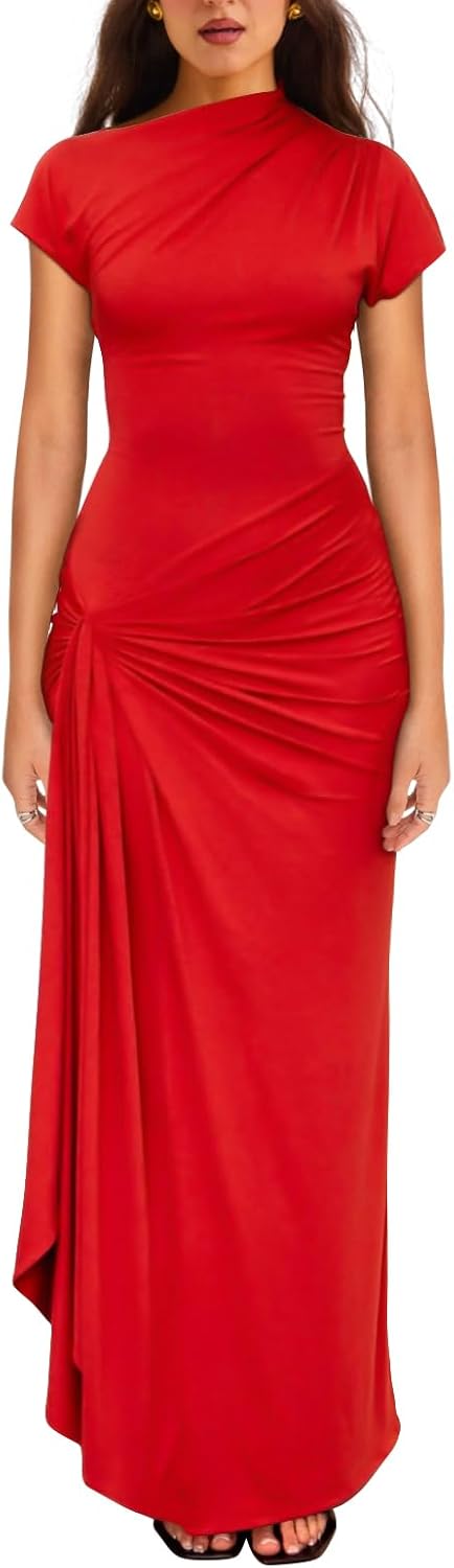 YMDUCH Women's Casual Short Sleeve Boat Neck Ruched High Split Bodycon Long Party Dress - Image 14