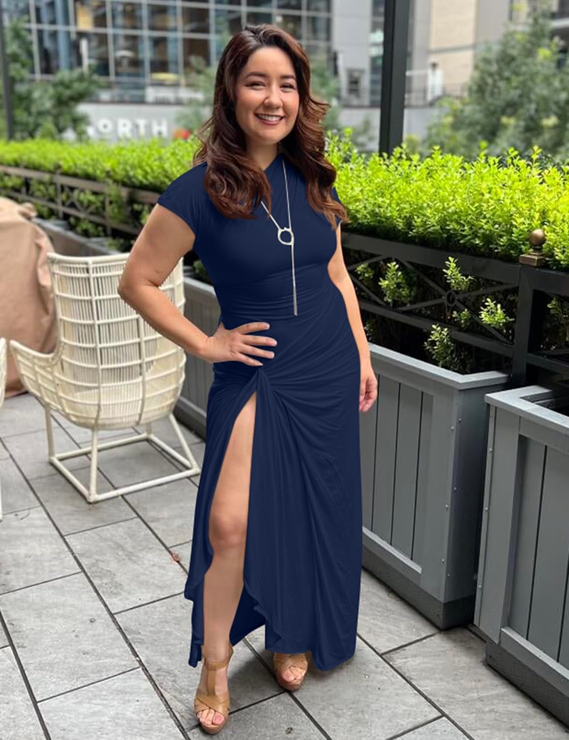 YMDUCH Women's Casual Short Sleeve Boat Neck Ruched High Split Bodycon Long Party Dress - Image 4