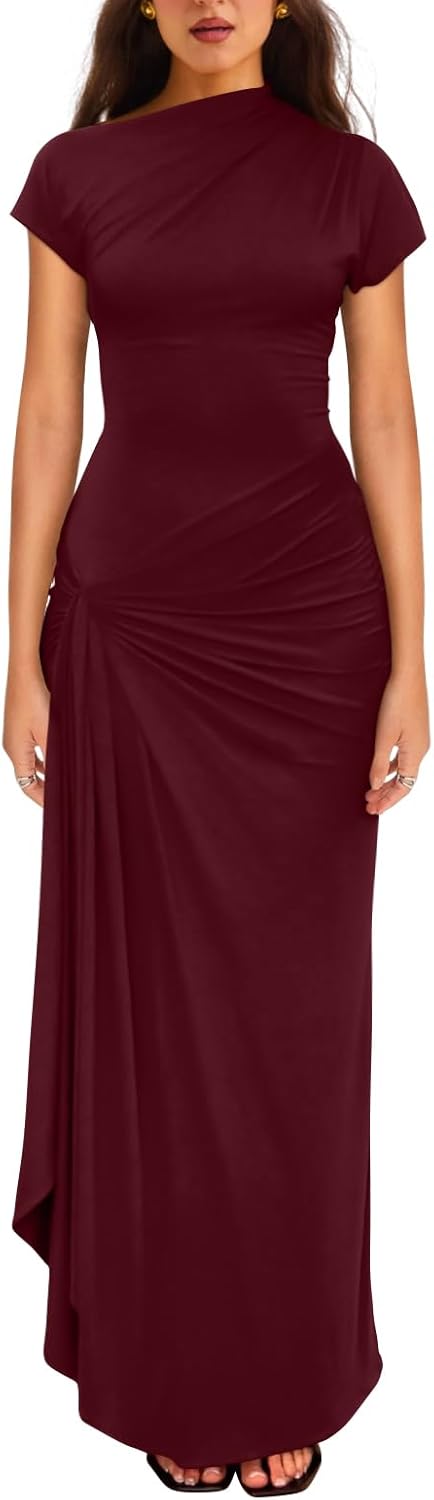 YMDUCH Women's Casual Short Sleeve Boat Neck Ruched High Split Bodycon Long Party Dress - Image 15