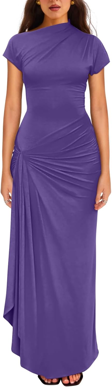 YMDUCH Women's Casual Short Sleeve Boat Neck Ruched High Split Bodycon Long Party Dress - Image 9