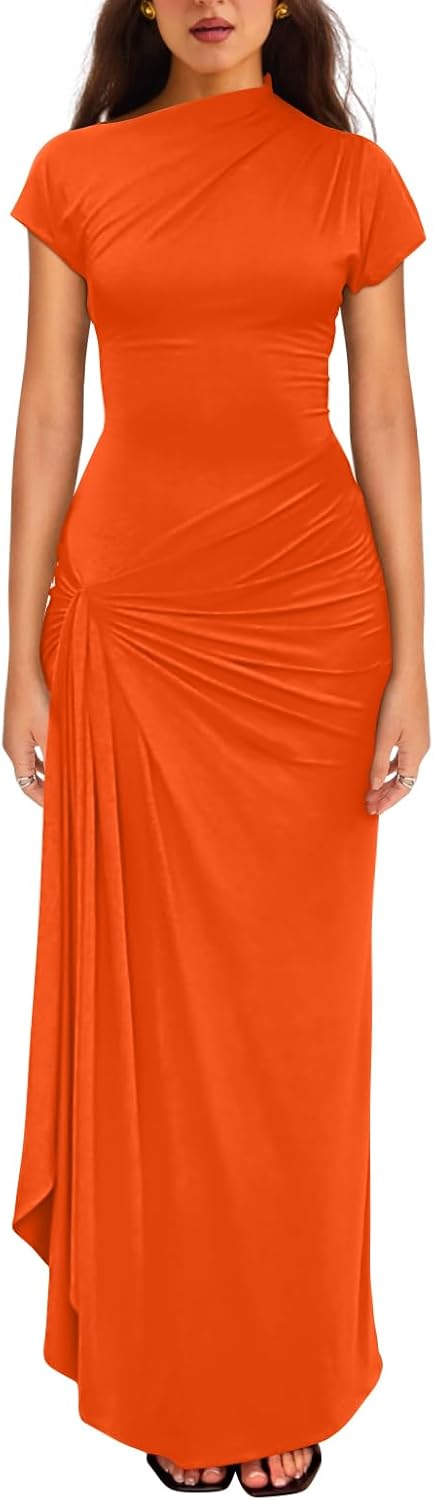 YMDUCH Women's Casual Short Sleeve Boat Neck Ruched High Split Bodycon Long Party Dress - Image 10