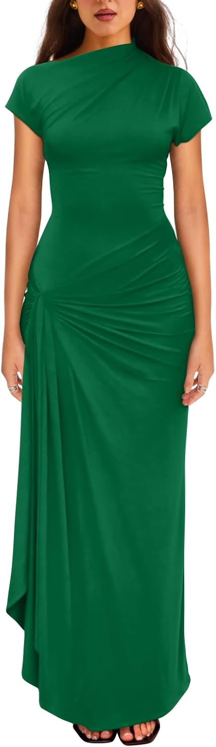 YMDUCH Women's Casual Short Sleeve Boat Neck Ruched High Split Bodycon Long Party Dress - Image 11