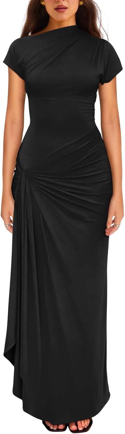 YMDUCH Women's Casual Short Sleeve Boat Neck Ruched High Split Bodycon Long Party Dress - Image 12