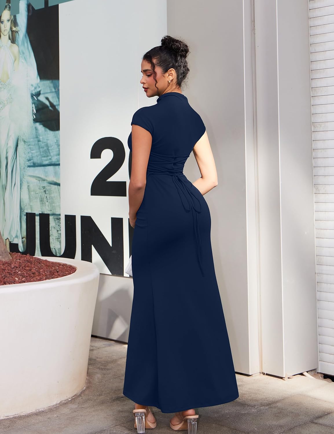 YMDUCH Women's Casual Short Sleeve Boat Neck Ruched High Split Bodycon Long Party Dress - Image 2