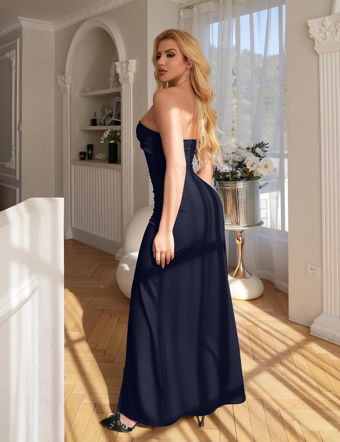 YMDUCH Women's Elegant Strapless Bodycon Ruched Ruffle High Split Long Formal Evening Dress - Image 2