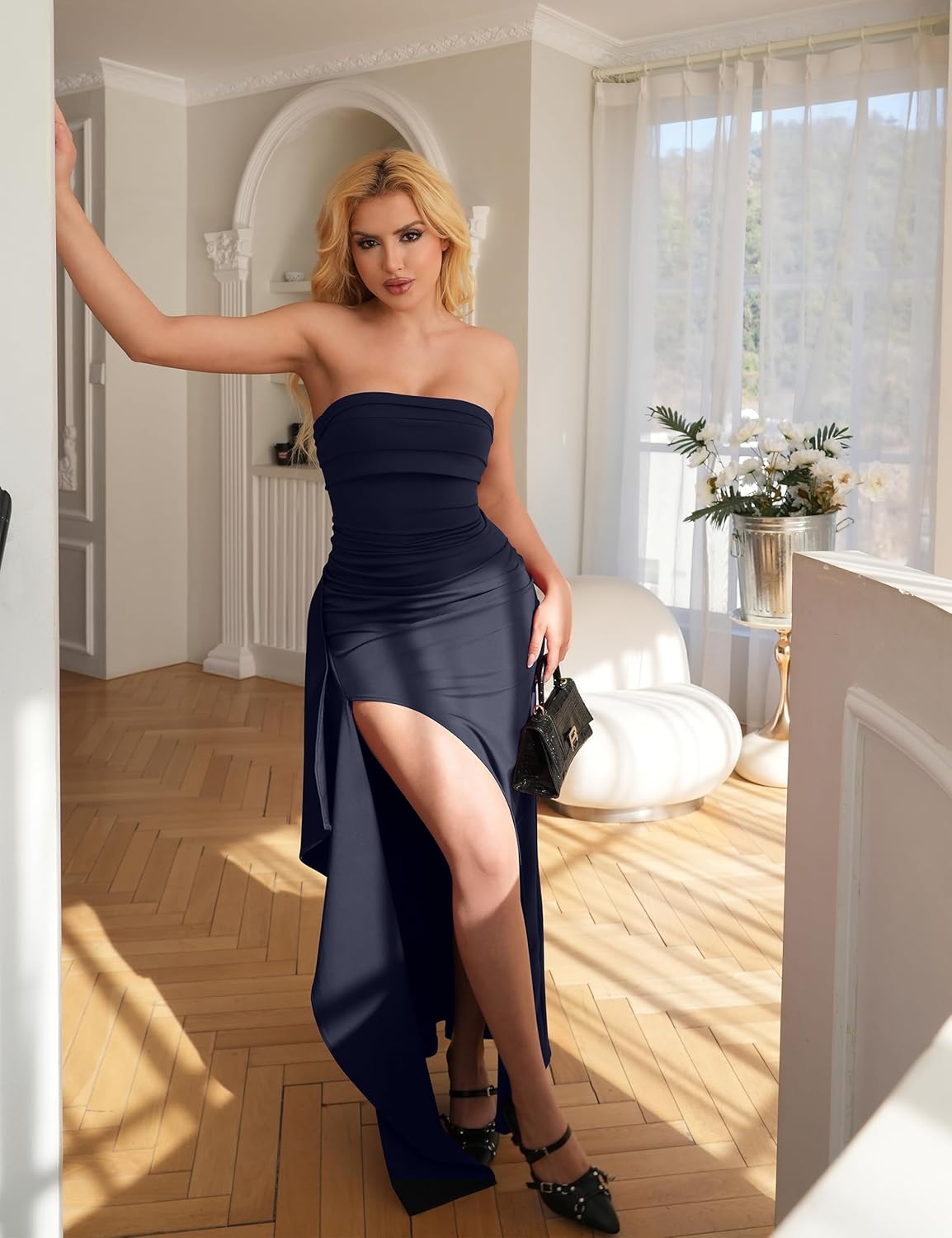 YMDUCH Women's Elegant Strapless Bodycon Ruched Ruffle High Split Long Formal Evening Dress - Image 6