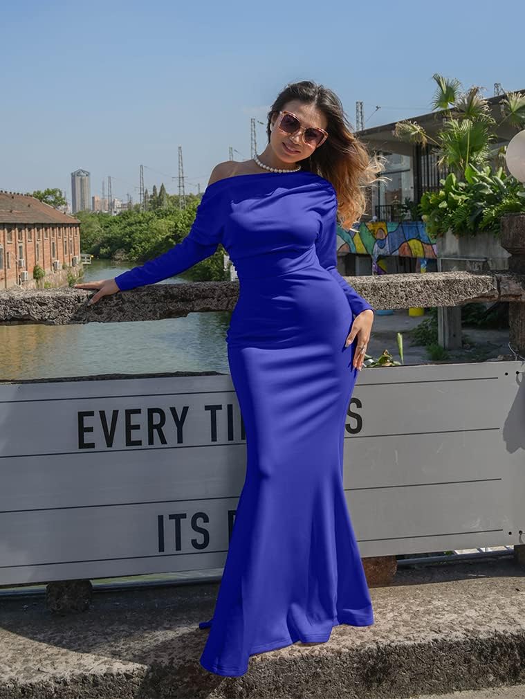YMDUCH Women's Sexy Elegant Long Sleeve Off Shoulder Bodycon Long Evening Formal Dress - Image 3