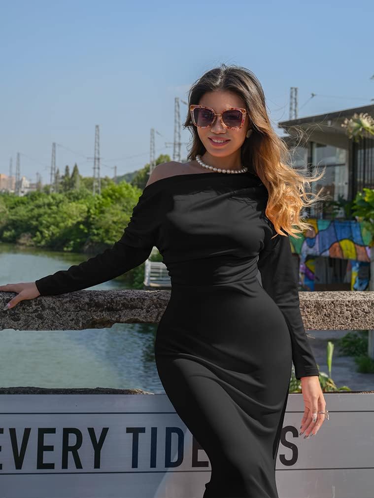 YMDUCH Women's Sexy Elegant Long Sleeve Off Shoulder Bodycon Long Evening Formal Dress - Image 6