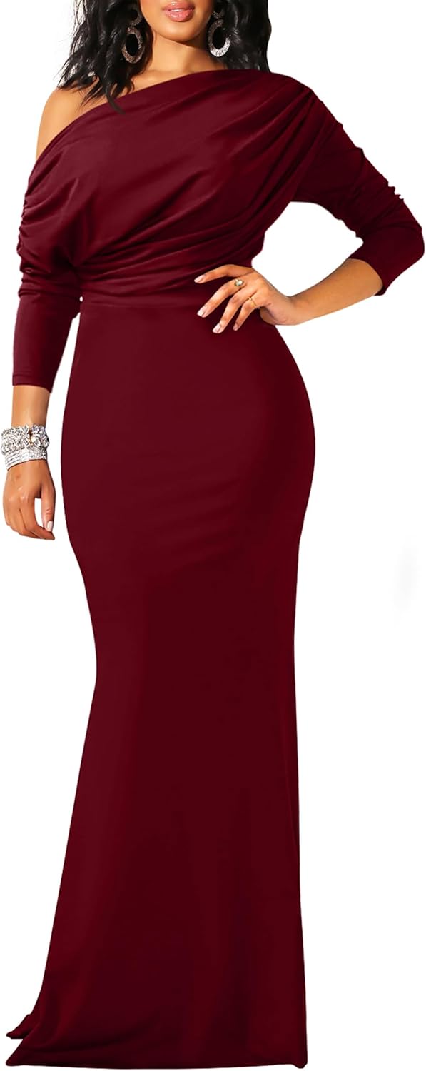 YMDUCH Women's Sexy Elegant Long Sleeve Off Shoulder Bodycon Long Evening Formal Dress - Image 12