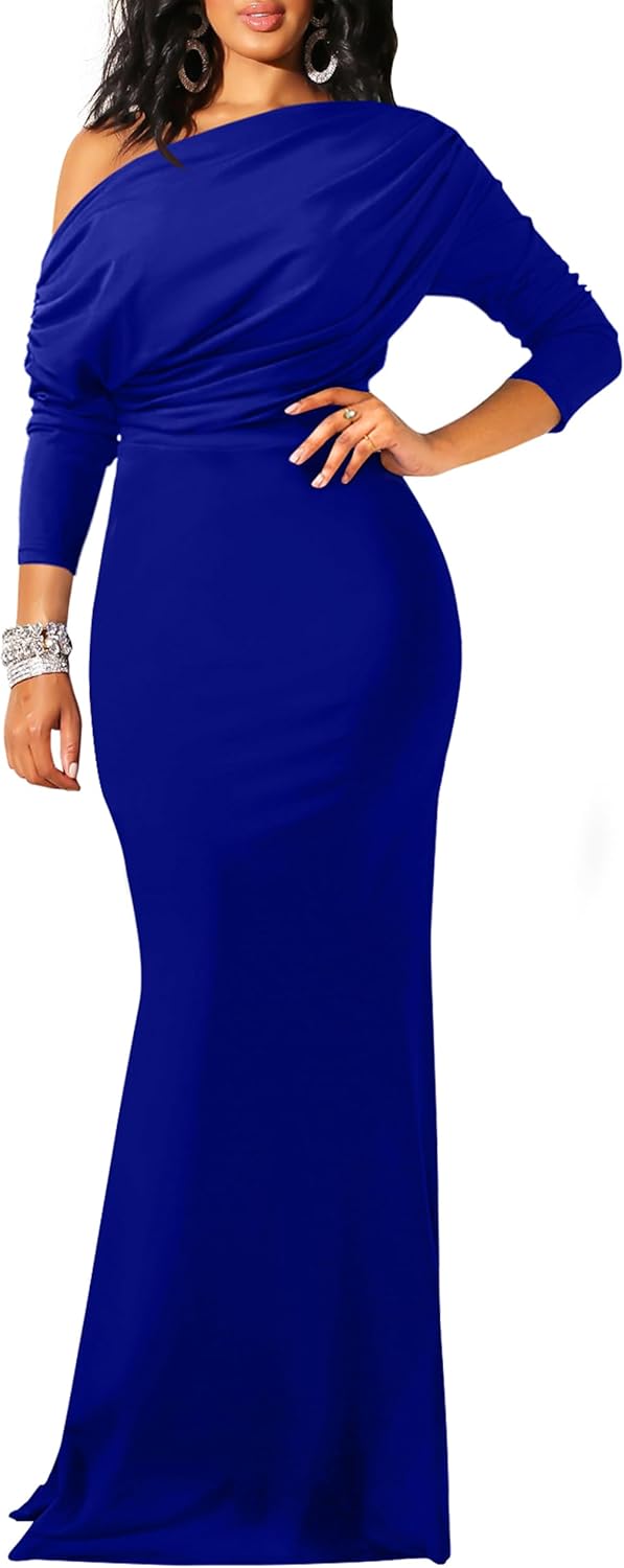 YMDUCH Women's Sexy Elegant Long Sleeve Off Shoulder Bodycon Long Evening Formal Dress