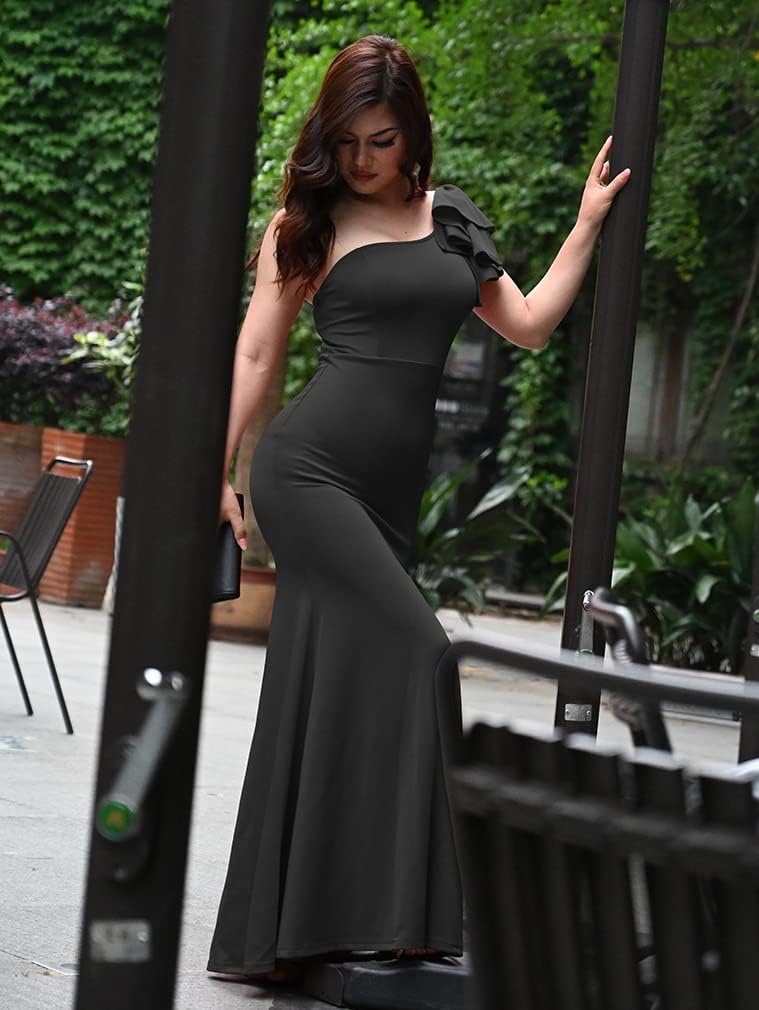 YMDUCH Women's Sexy Sleeveless One Shoulder Ruffle High Split Party Evening Long Formal Dress - Image 3