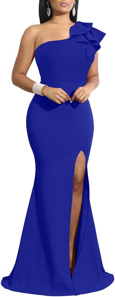 YMDUCH Women's Sexy Sleeveless One Shoulder Ruffle High Split Party Evening Long Formal Dress - Image 8