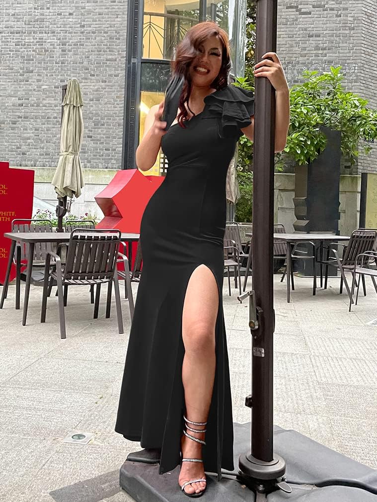 YMDUCH Women's Sexy Sleeveless One Shoulder Ruffle High Split Party Evening Long Formal Dress - Image 6