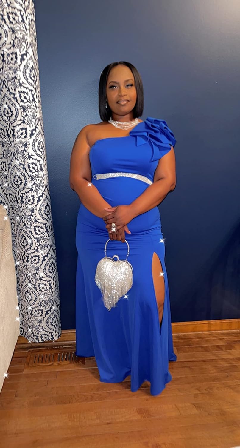 YMDUCH Women's Sexy Sleeveless One Shoulder Ruffle High Split Party Evening Long Formal Dress - Image 4