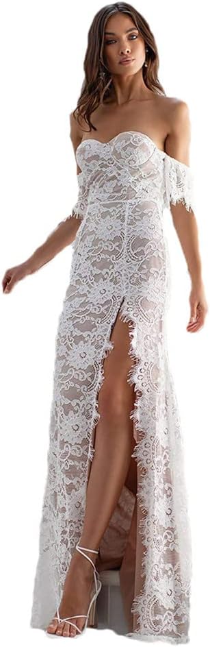 Youllyuu Off The Shoulder Lace Prom Gowns A-Line Split Side Floor-Length Evening Dresses Robes